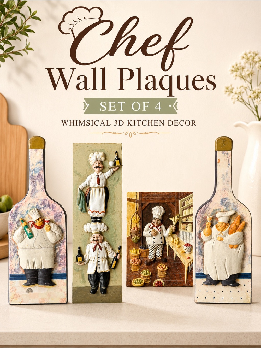 3D Chef Kitchen Wall Plaques Set of 4 Whimsical Bistro Decor